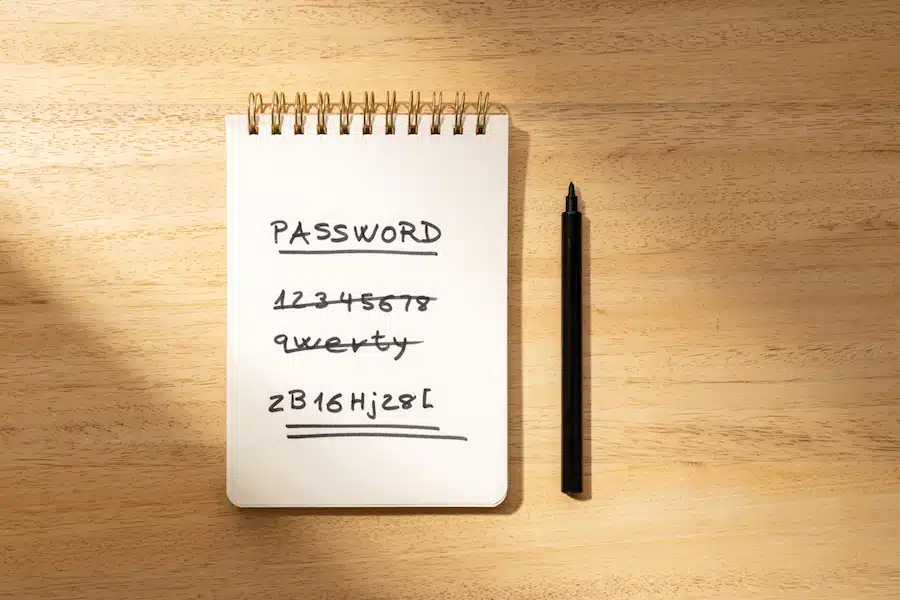 Strong and weak easy Password concept. Handwritten text on paper notepad isolated on wooden desk. Flat lay