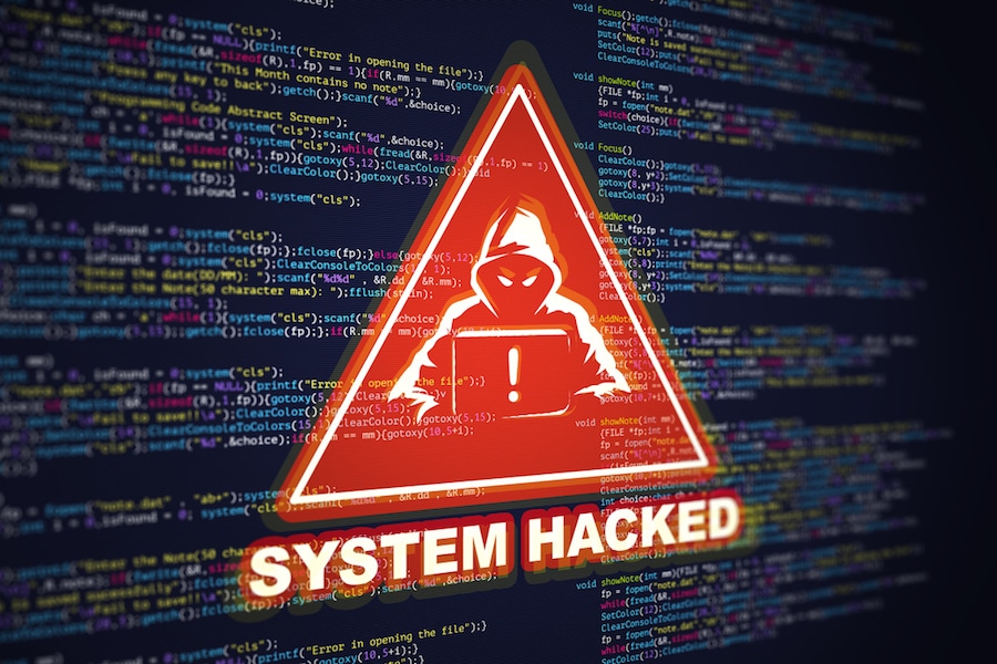 Abstract Modern tech of Programming code screen with Warning alert of System hacked. Virus, Malware, Cyber attack, and Internet cyber security Concept. 3D illustration.