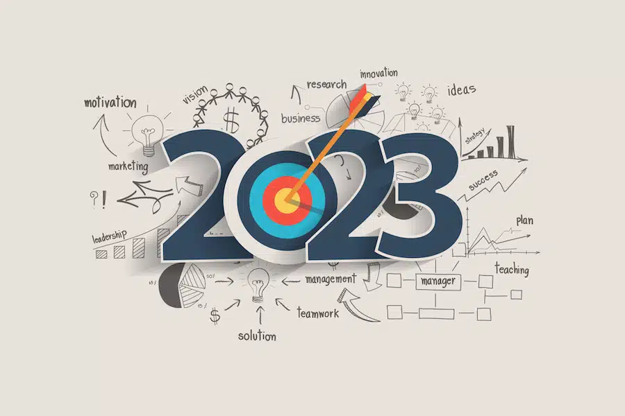 2023 new year target audience concept, Creative thinking drawing charts and graphs business success strategy plan idea on target dart with arrow, Vector illustration modern layout template