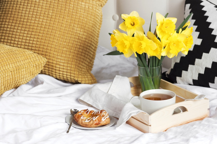 Wooden tray with light breakfast and flowers on white textile in bed. Herbal tea Breakfast in bed Morning Yellow daffodils. Morning at Hotel Background Concept Interior Copy Space