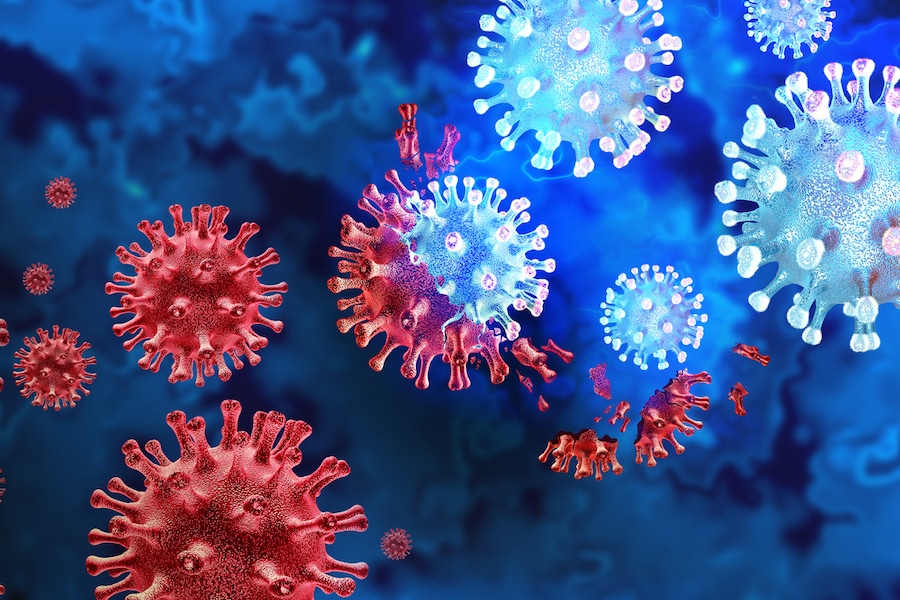 Mutating virus variant and cell mutation variants as a health risk concept and new coronavirus outbreak or covid-19 viral cells mutations and influenza background as a 3D render.