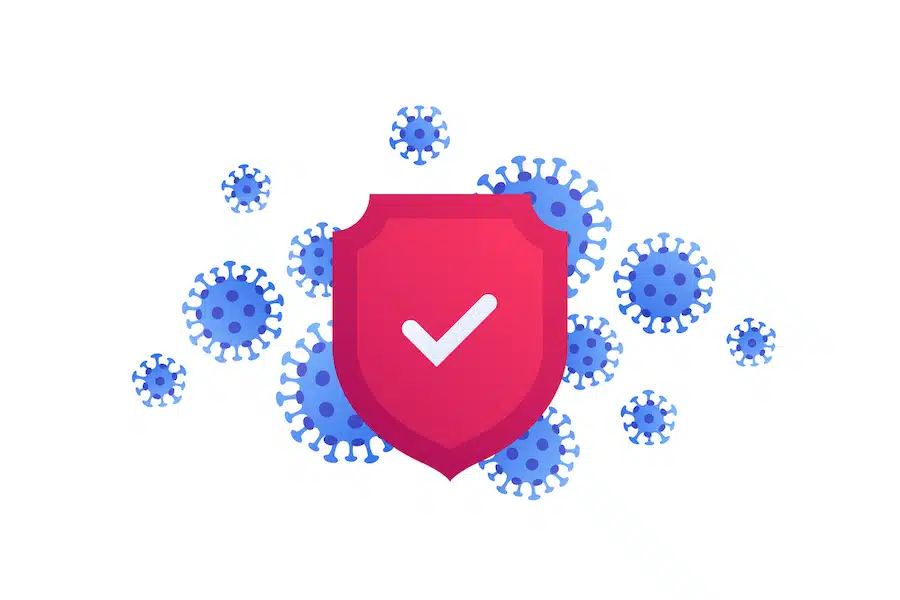 Virus epidemic concept. Vector modern flat illustration. Coronavirus symbols and red shield with check mark isolated on white background. Design element for medicine banner, infographic, web, poster.