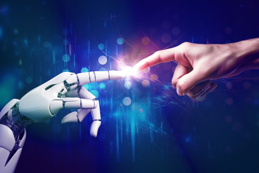 AI, Artificial intelligence, robot and human hands are touching and connecting, unity with human and ai concept, machine learning and futuristic technology background