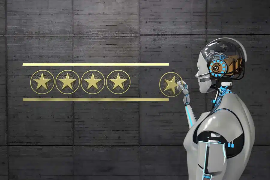 A robot with 5 stars rates the system. How combating fake reviews helps keep your business looking good to customers