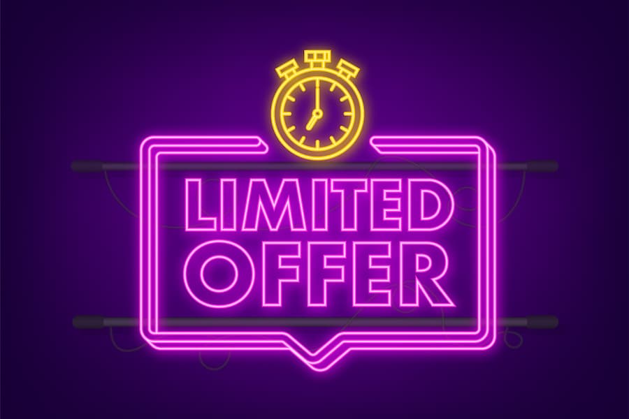 Limited Offer Labels. Alarm clock countdown logo. Neon icon. Limited time offer badge. Vector illustration.