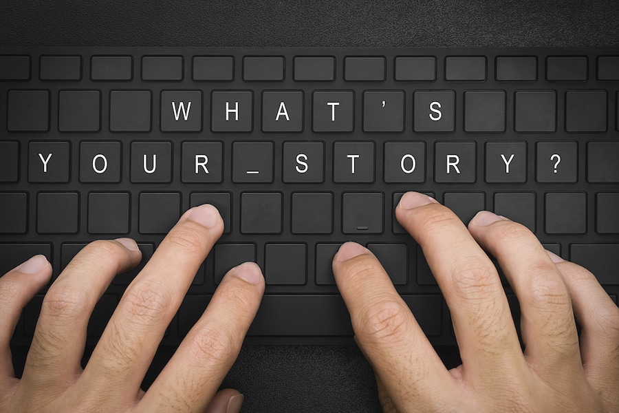 what's your  story.Hand typing on desktop office computer keyboard. script writer or filmmaker typing on a computer or laptop keyboard. Business workplace.