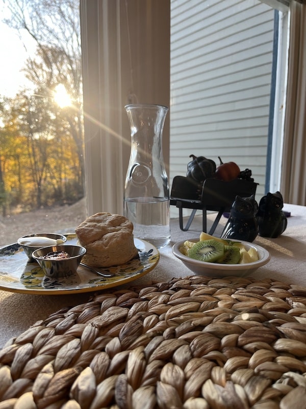 Sunrise behind fresh biscuit at The South Mountain Inn