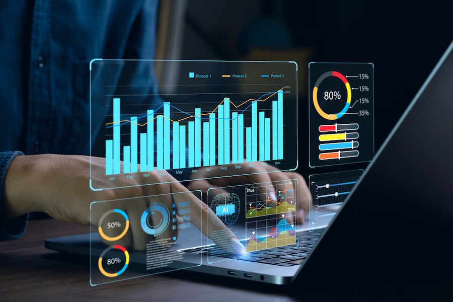 Businessman works on laptop Showing business analytics dashboard with charts, metrics, and KPI to analyze performance and create insight reports for operations management. Data analysis concept.