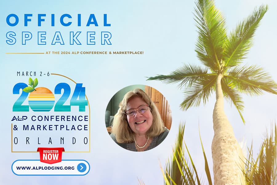 ALP Conference Logo with a circular photo of Patricia McCauley labeled as an "Official Speaker" with a palm tree in the background