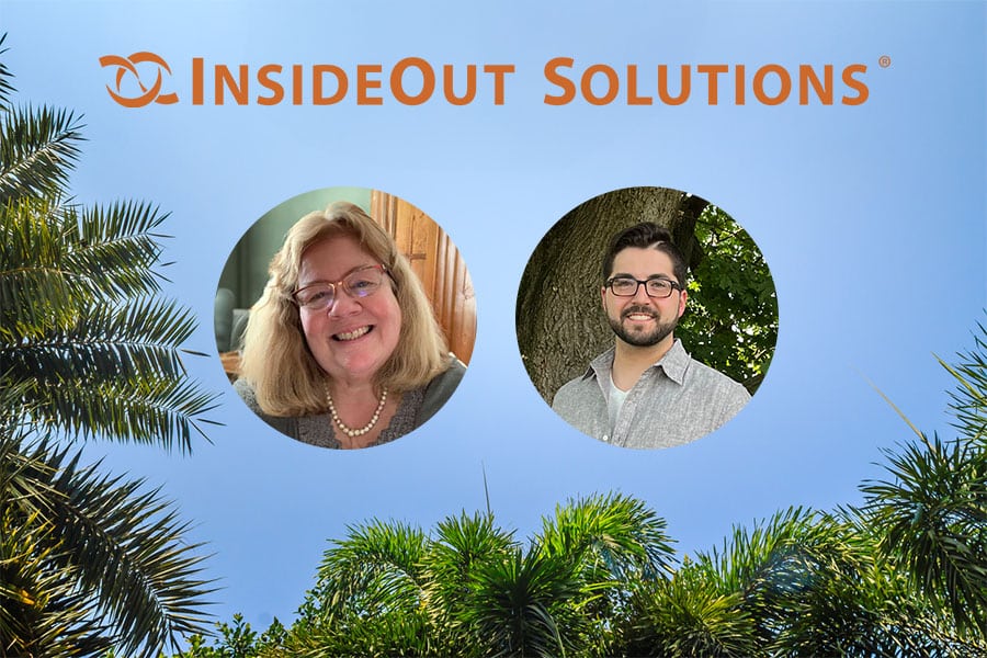 Photo of Patricia McCauley and Andrew Quinan beneath the InsideOut logo with Palm tree in the background.