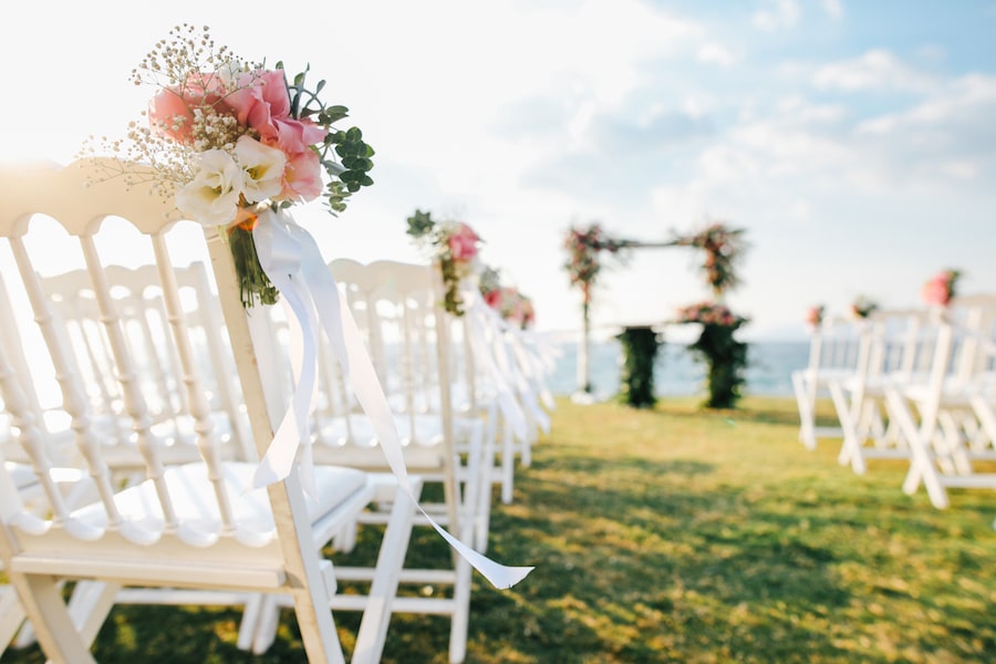 Romantic outdoor wedding ceremony by the water