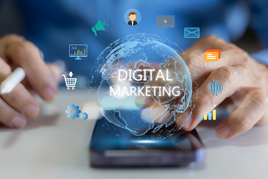 Human use phone with digital online marketing commerce sale, website advertising, promotion of products, digital marketing strategy and goals, digital search engine, SEO, social media, ads, E-commerce