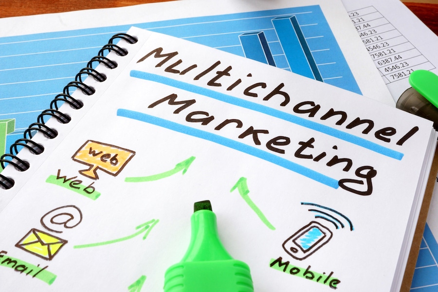 "Multichannel Marketing" written in a notebook and marker with "web", "email", and "mobile" icons pointing towards it.