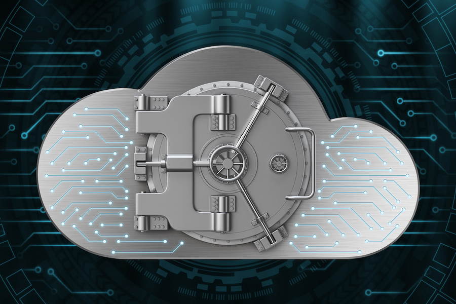 The metallic cloud shaped bank vault door on abstract background - Password Manager concept