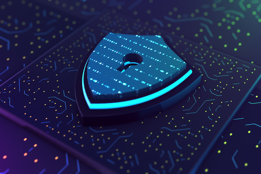 cyber security hologram with digital shield 3D rendering