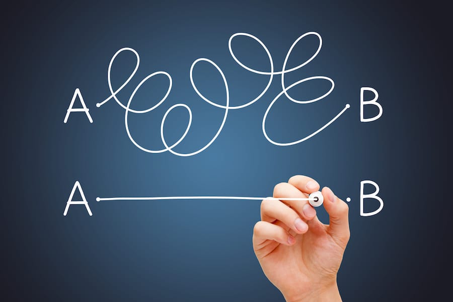 Hand drawing a conceptual diagram about the importance to find the shortest way to go from point A to point B, or a simple solution to a problem.