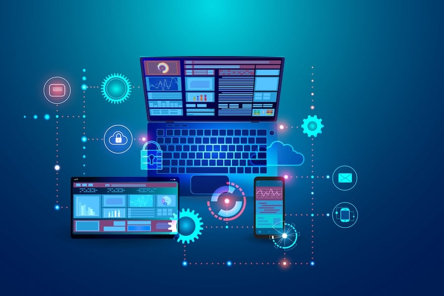 Vector illustration of the concept of developing website for various platforms on the screen of a laptop, smartphone and tablet.