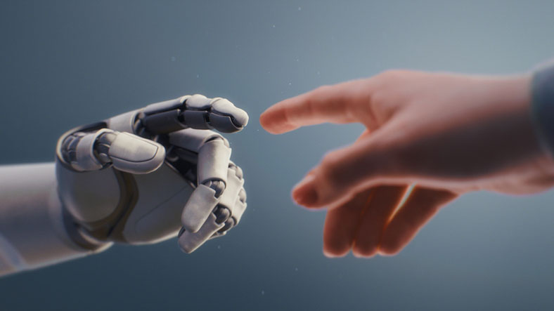 human and AI hands reaching out